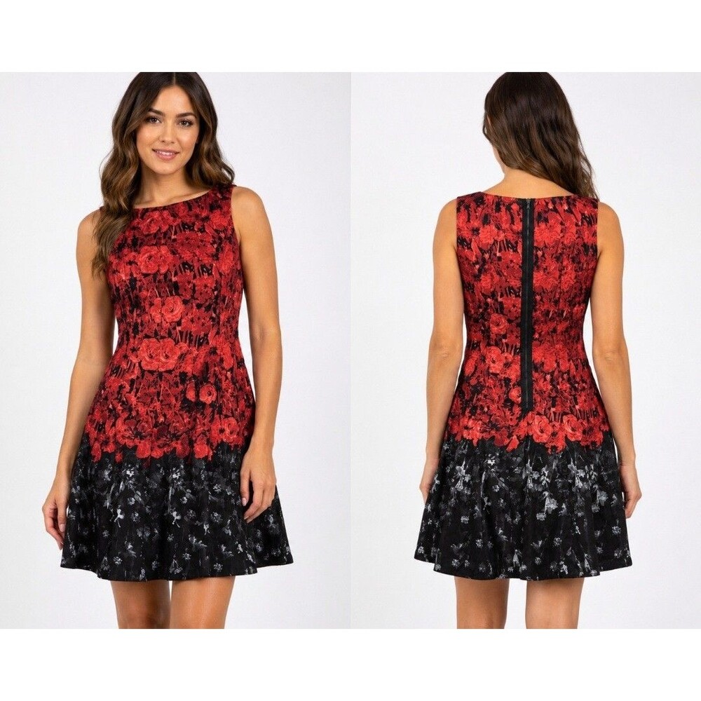 DANNY AND NICOLE Dress Womens Black Red Floral Sleeveless Short Mini A-Line Zip - Picture 11 of 11